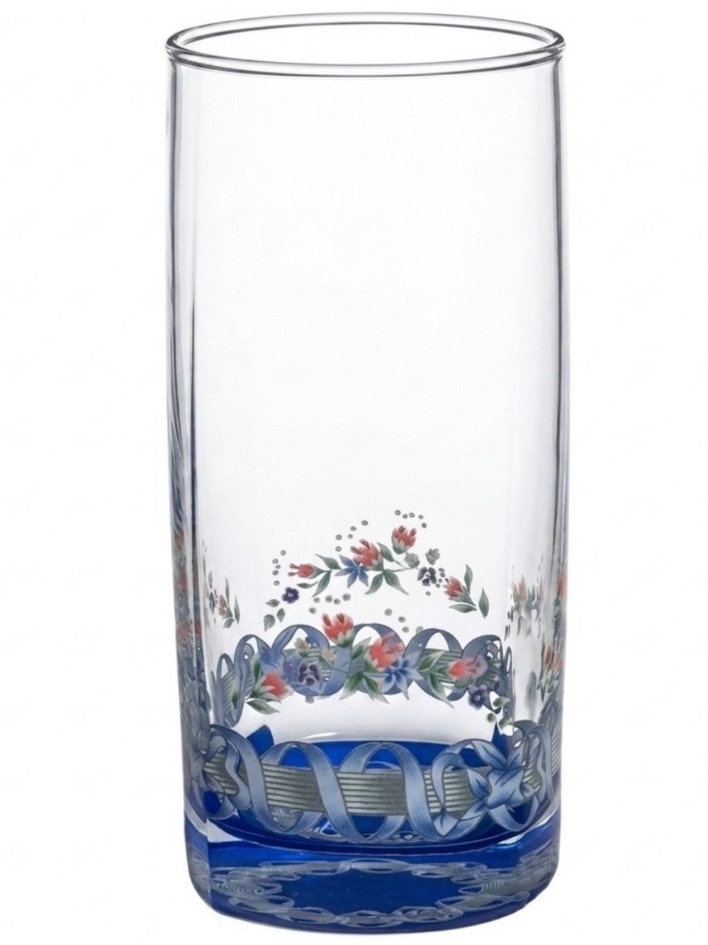 Vintage Hand‑Painted Floral Glasses Blue Ribbon Bows Set of 6 Six Drinking Glass